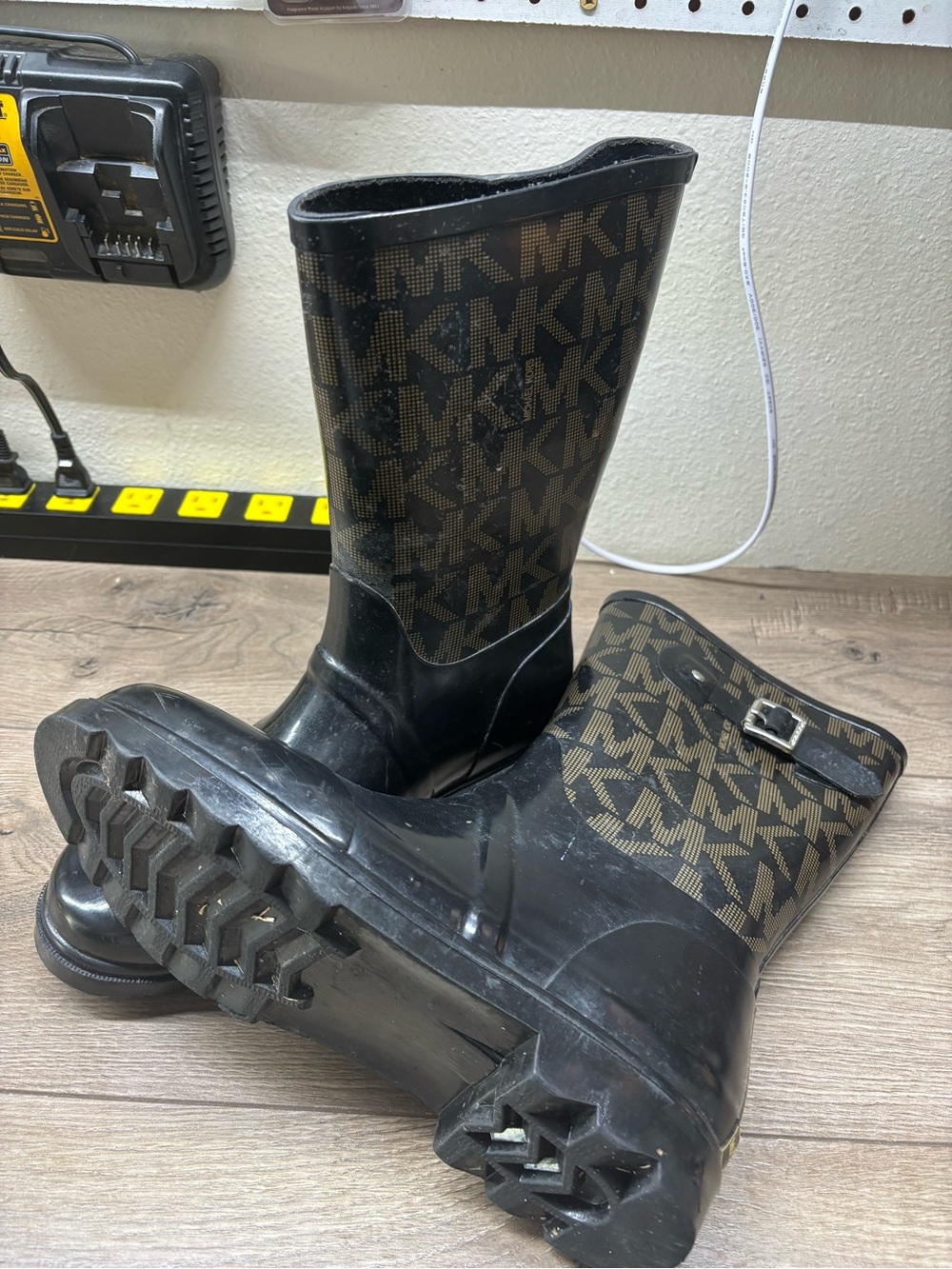 Michael Kors Black and Brown MK Logo Rain Boots